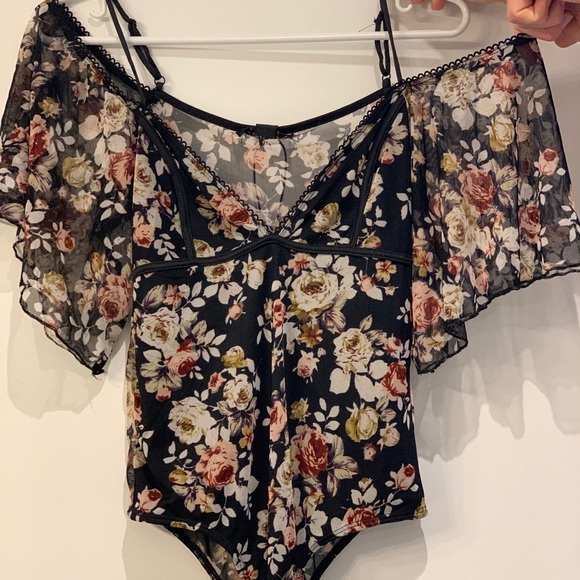 Floral Mesh Off-The-Shoulder Bodysuit - Picture 2 of 4